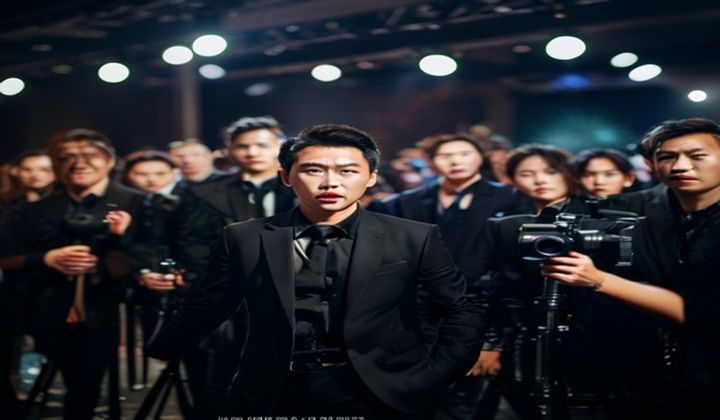 娱乐圈明星在媒体发布会现场面对摄影师镜头，背景灯光闪烁，气氛紧张，与黑料51平台爆料内容高度相关